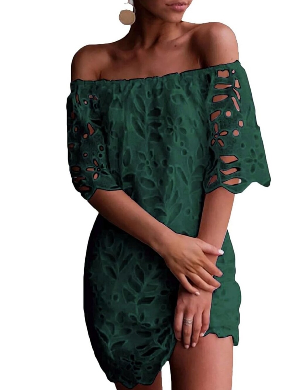 Women's One-Shoulder Emerald Lace Mini Dress